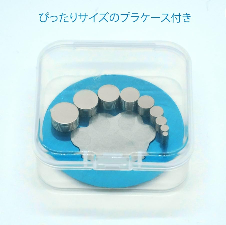 市販最強ネオジム磁石N54 : お得なお試しセット 0.5mm厚 薄型円柱型 （セット内容：Φ10x0.5 、Φ9×0.5 、Φ8x0.5 、Φ7x0.5 、Φ6x0.5 、Φ5x0.5 、Φ4x0.5 、Φ3x0.5 、Φ2x0.5 各10枚）特殊防錆4層メッキ、スチールベース、猫型鉄板、保管用プラケース付き